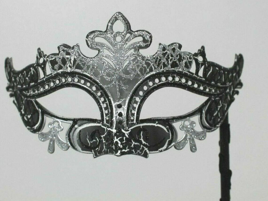 SILVER & BLACK RIALTO VENETIAN CARNIVAL MASQUERADE PARTY EYE BALL MASK HAND HELD
