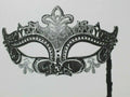 SILVER & BLACK RIALTO VENETIAN CARNIVAL MASQUERADE PARTY EYE BALL MASK HAND HELD