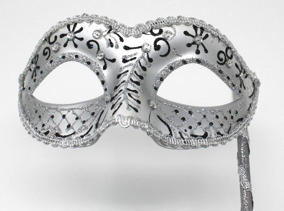 Black & Silver Venetian Masquerade Party Prom Carnival Eye Mask Hand Held Stick