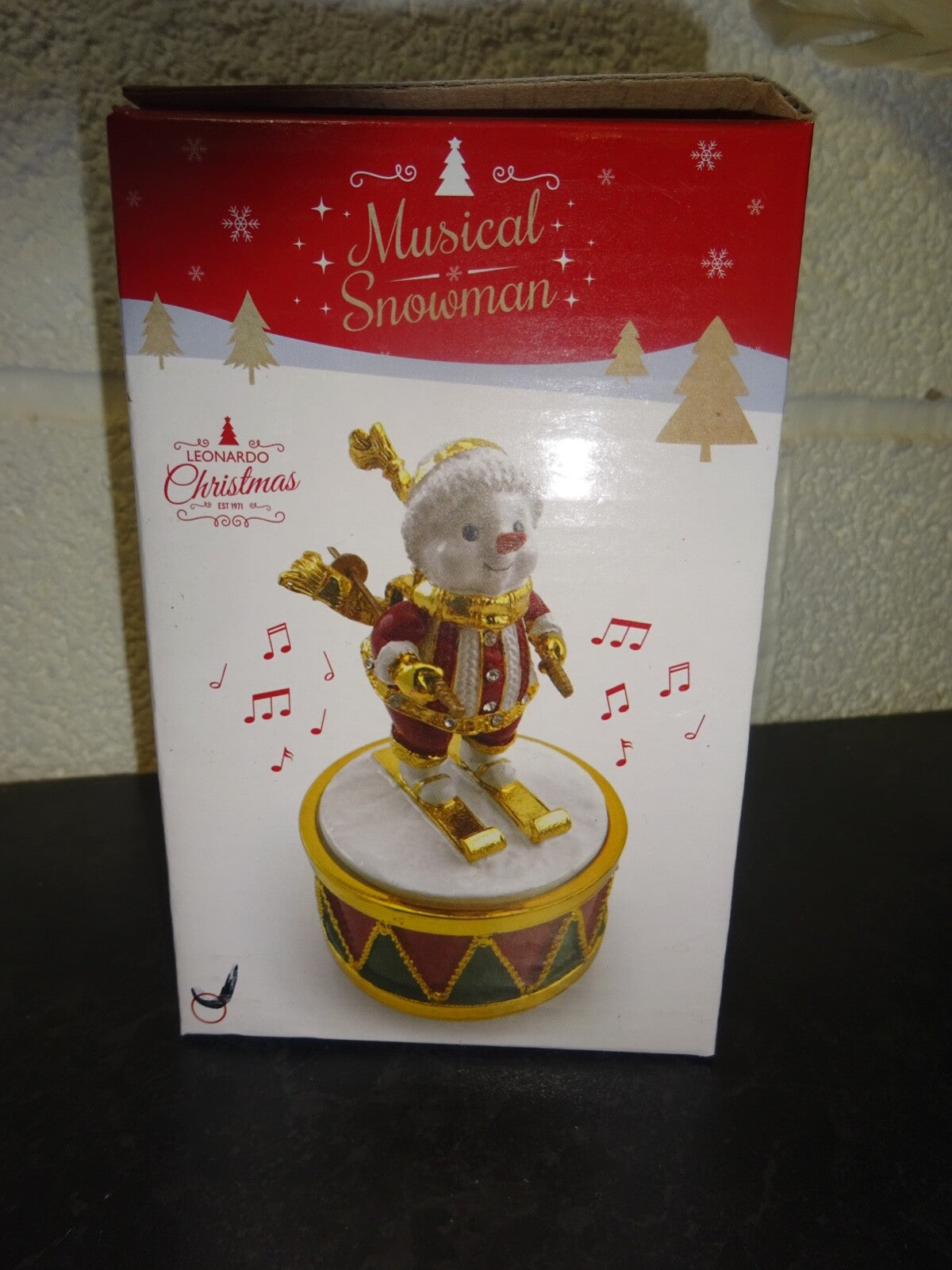 Christmas Musical Snowman Skiing Ceramic Gold Plated Figurine Wind Up 12cm Tall