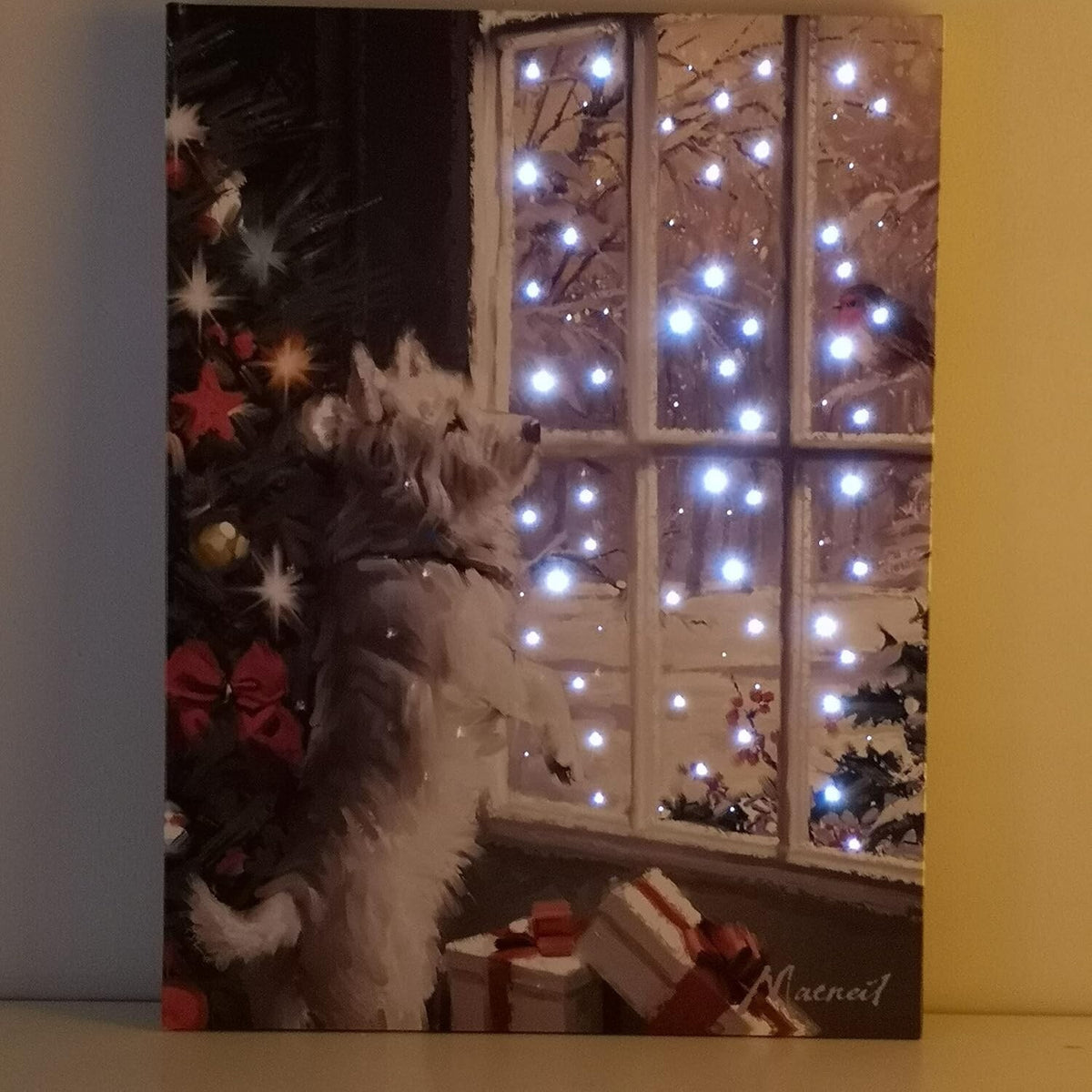 Fibre Optic Light up LED Canvas/Picture Curious Westie Watching a Robin 40x30cm
