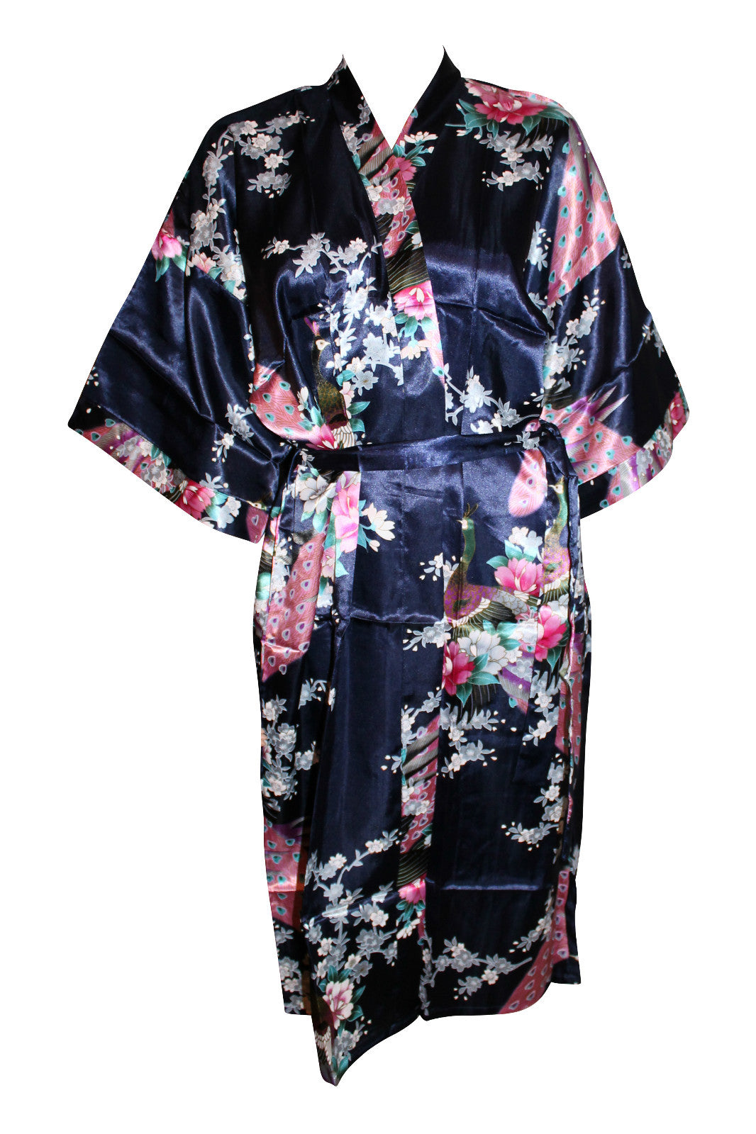 Ladies Rich Navy Blue Floral Satin Kimono/Negligee/Robe & Belt Size 8-12