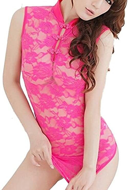 Ladies Hot Pink Lace Seethrough Kimono Babydoll Negligee Nightdress & Thong 8-10