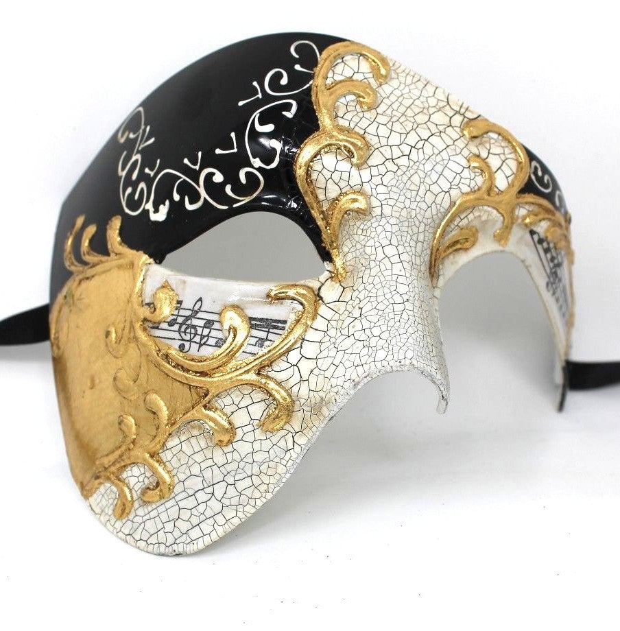 QUALITY BLACK & GOLD HALF FACE PHANTOM MUSICAL NOTES MASQUERADE MASK