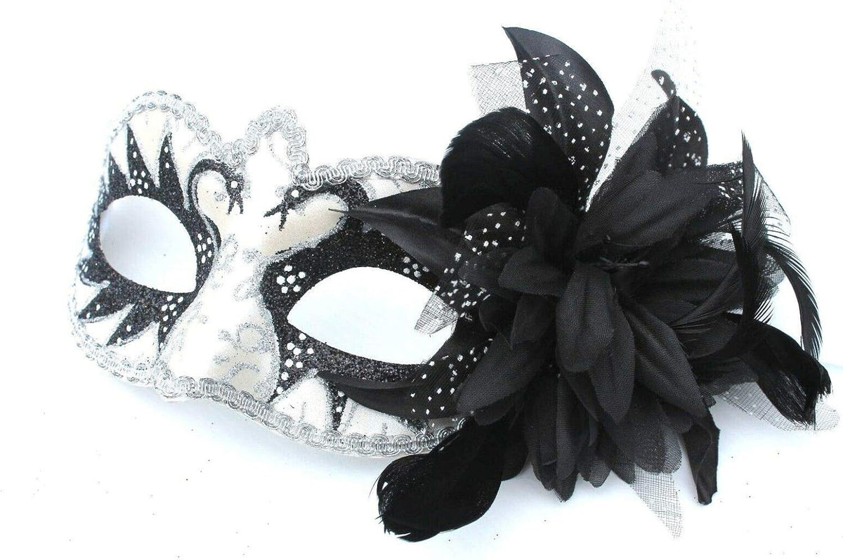 BLACK SILVER WHITE VENETIAN MASQUERADE CARNIVAL BALL SWAN EYE MASK WITH FLOWER