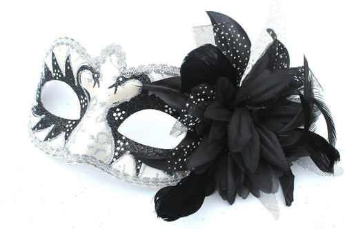 BLACK SILVER WHITE VENETIAN MASQUERADE CARNIVAL BALL SWAN EYE MASK WITH FLOWER