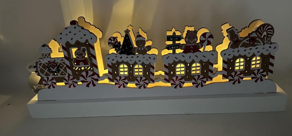 Wooden Gingerbread Family Christmas Winter Festive LED Light Up Train 38cm Long
