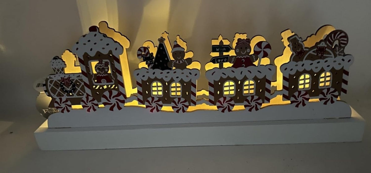 Wooden Gingerbread Family Christmas Winter Festive LED Light Up Train 38cm Long