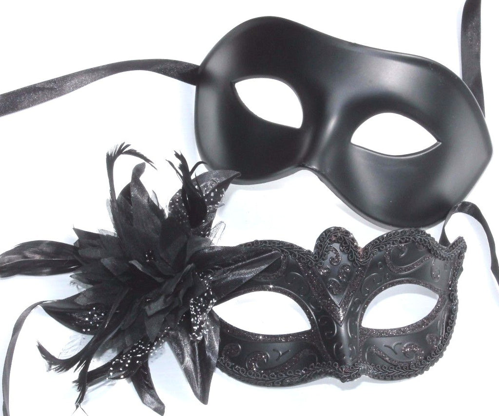 HIS N HERS PAIR COUPLES CO-ORDINATED BLACK VENETIAN MASQUERADE PARTY EYE MASKS