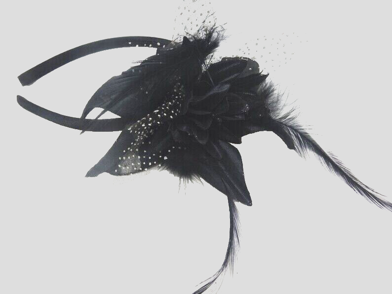 Black Hair Fascinator on Satin Aliceband Headband with Fabric & Feathers Flower