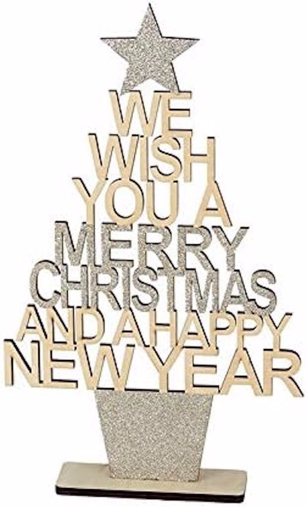 We Wish You a Merry Christmas Happy New Year Tree Large 35.5cm High Gold Glitter