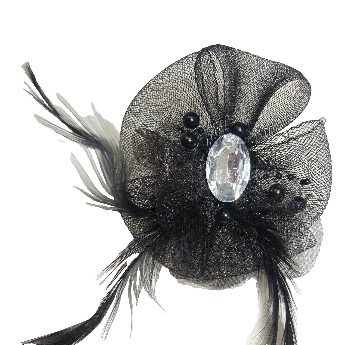 Hair Fascinator Corsage and Brooch Black Feathers & Net Petals Centre Diamonte