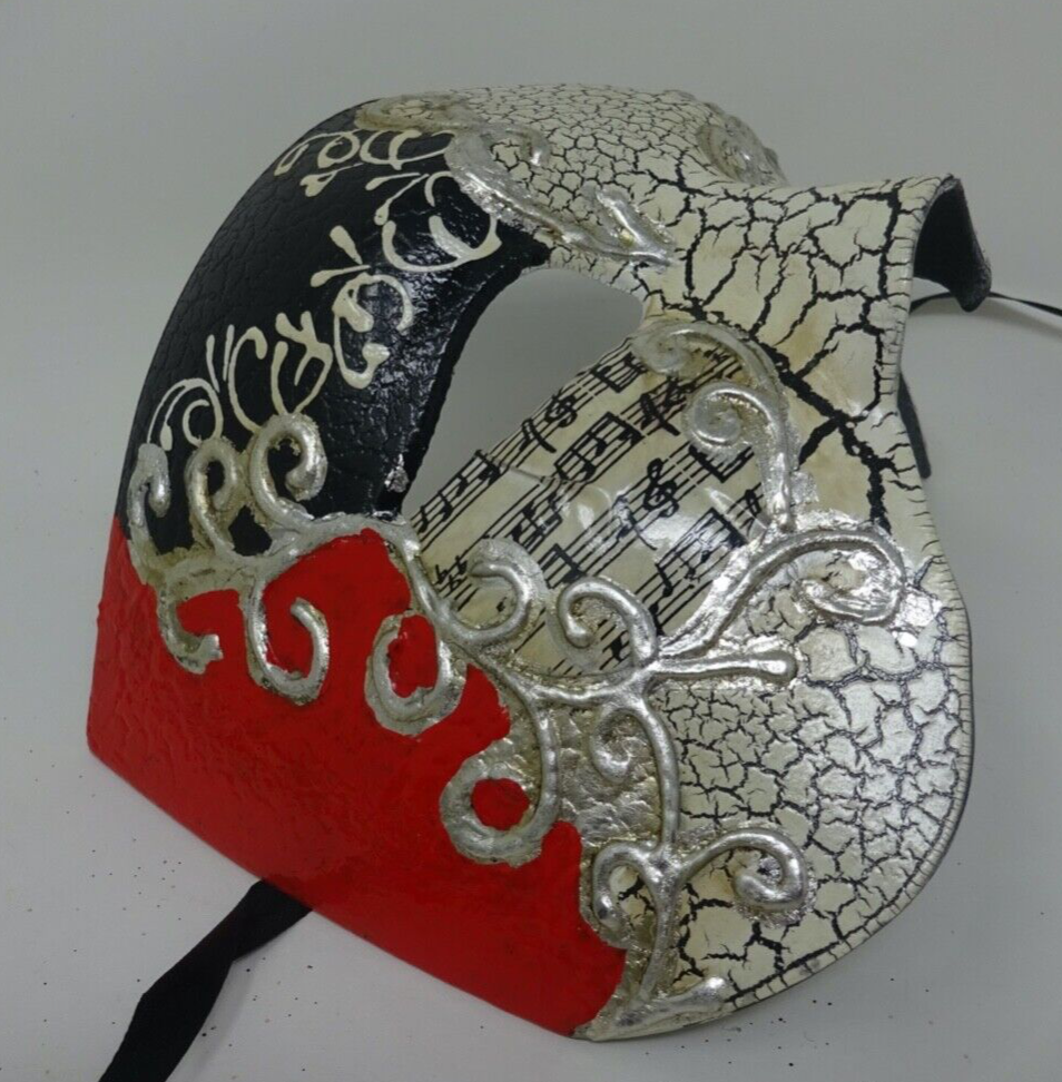 QUALITY BLACK RED & SILVER HALF FACE PHANTOM MUSICAL NOTES MASQUERADE MASK
