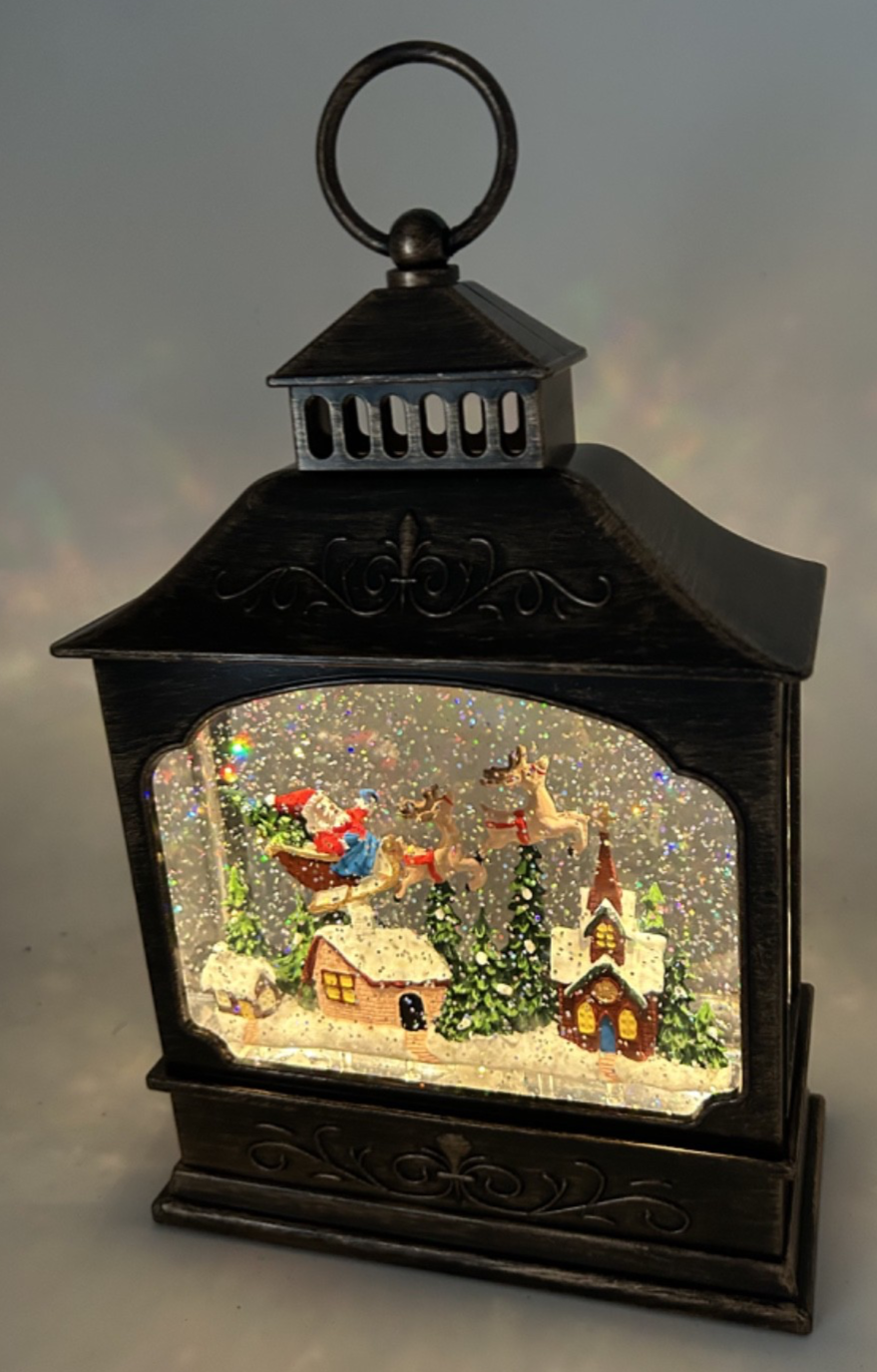 Christmas LED Water Spinner Glitter Snow Globe Lantern Santa & Sleigh 29cm Timer