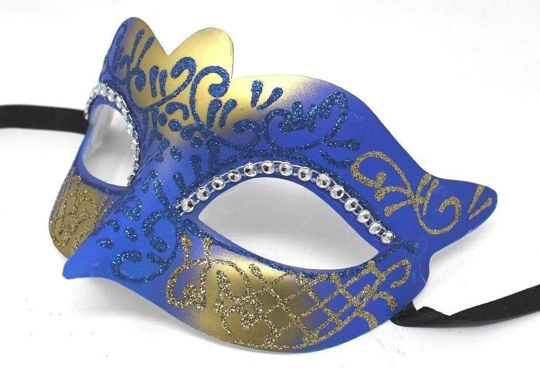 LADIES BLUE & GOLD VENETIAN MASQUERADE PARTY CARNIVAL BALL EYE MASK DIAMONTES