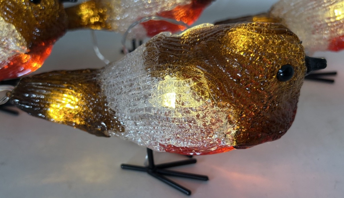Christmas LED Light Up 4 Acrylic Robins Decoration 16cm Timer Indoor Outdoor