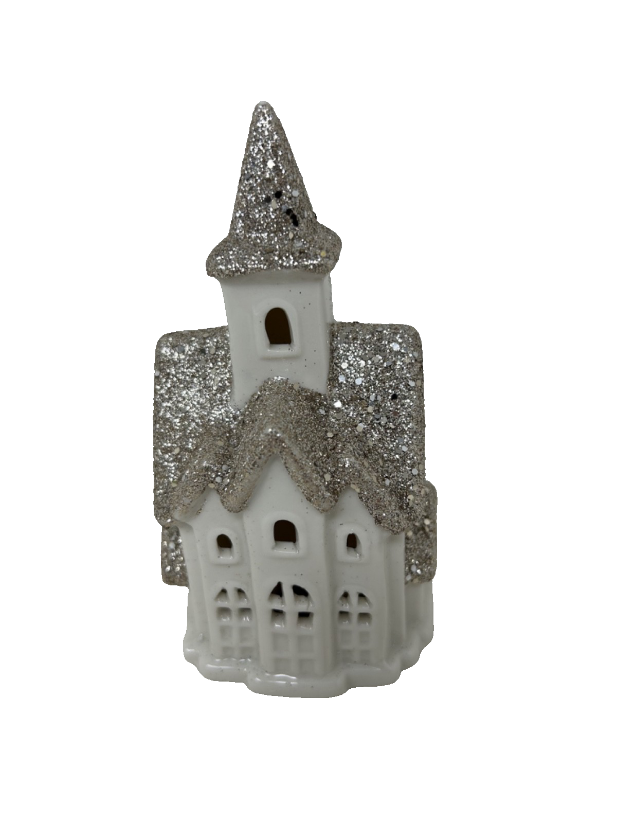 LED Light Up Christmas Festive White Porcelain Glitter House Decoration 12cm