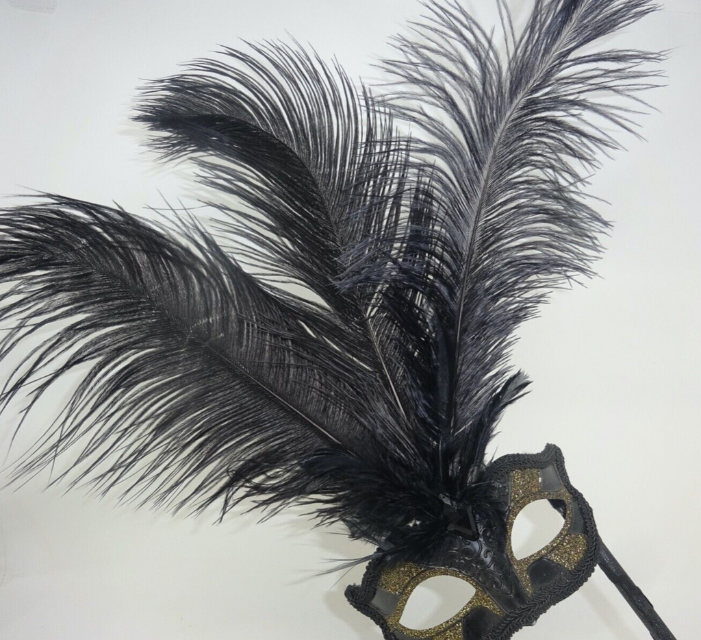 BLACK GOLD MASQUERADE CARNIVAL PARTY BALL WITH LONG FEATHERS EYE MASK ON A STICK