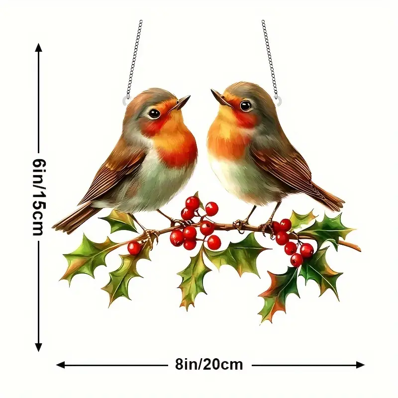 Hanging Acrylic Garden Suncatcher Robins Holly with Berries 20cm Wide on Chain