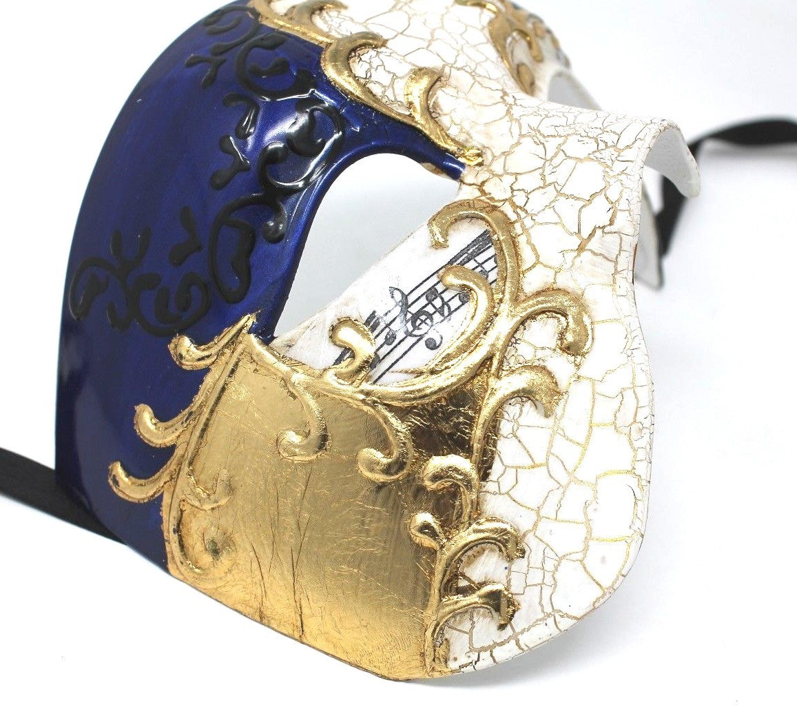 QUALITY BLUE & GOLD HALF FACE PHANTOM   OPERA MUSICAL NOTES MASQUERADE MASK