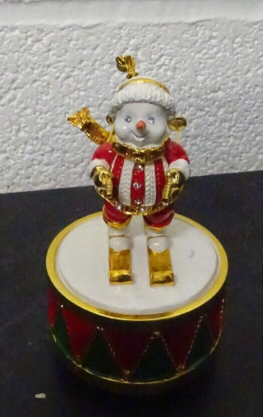 Christmas Musical Snowman Skiing Ceramic Gold Plated Figurine Wind Up 12cm Tall