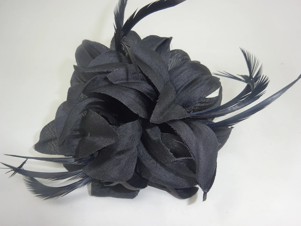 Hair Fascinator Corsage and Brooch Black with Fabric Petals and Slim Feathers