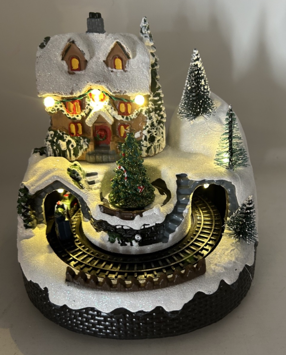 LED Light up Animated Christmas Village Carousel with Revolving Train 16cm Tall