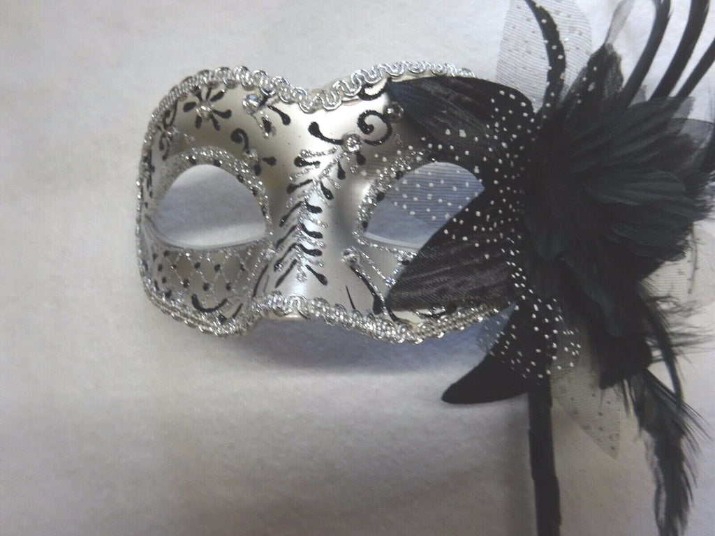 BLACK & SILVER WITH FLOWER & STICK VENETIAN CARNIVAL BALL MASQUERADE PARTY MASK