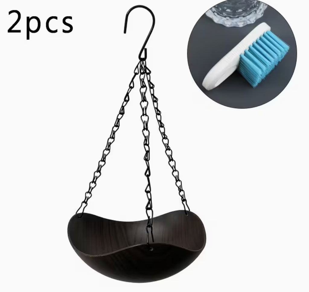 Dark Wood Grain Bird Bath Garden Ornament 35cm Hanging Depth & Cleaning Brush