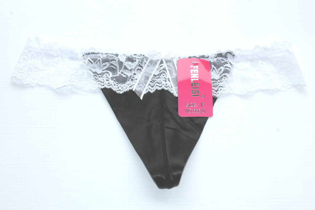 White Lace & Black Satin Soft Beautiful Sexy Ladies Panties Thong One Size 8-12