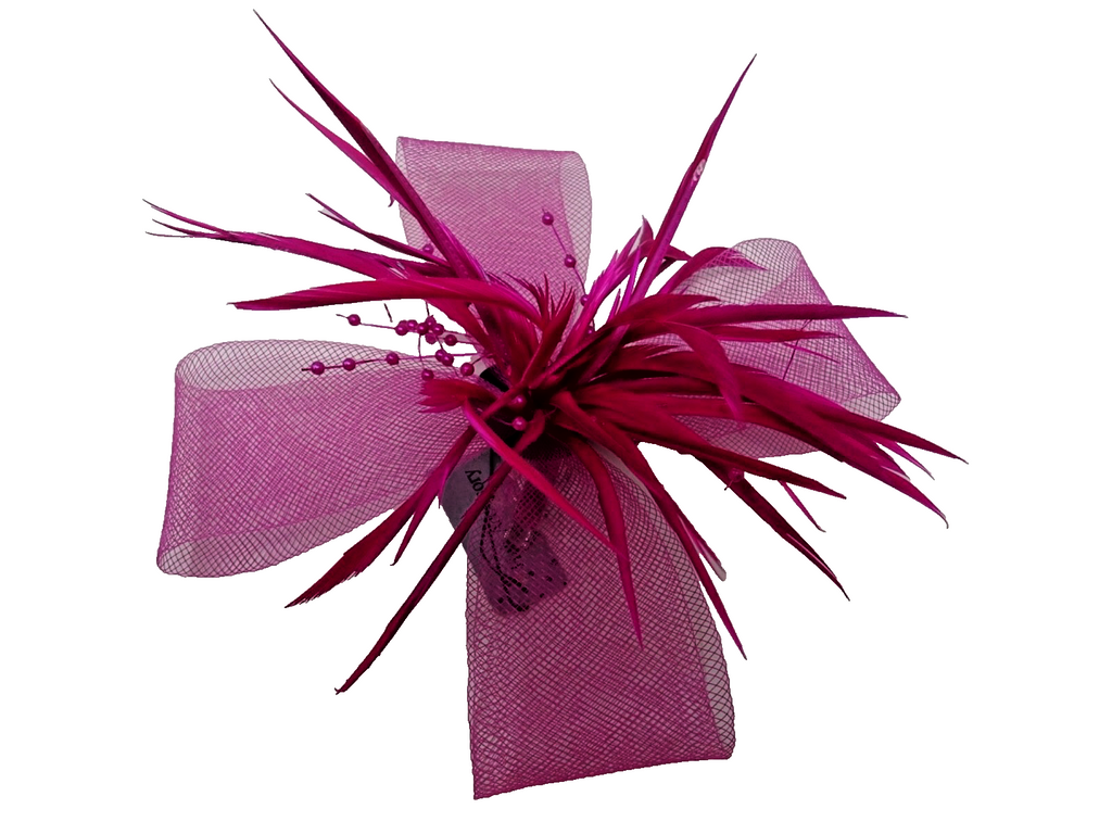 Hot Pink Corsage Brooch Fascinator Stiffened Net Fine Feathers & Beaded Stamens