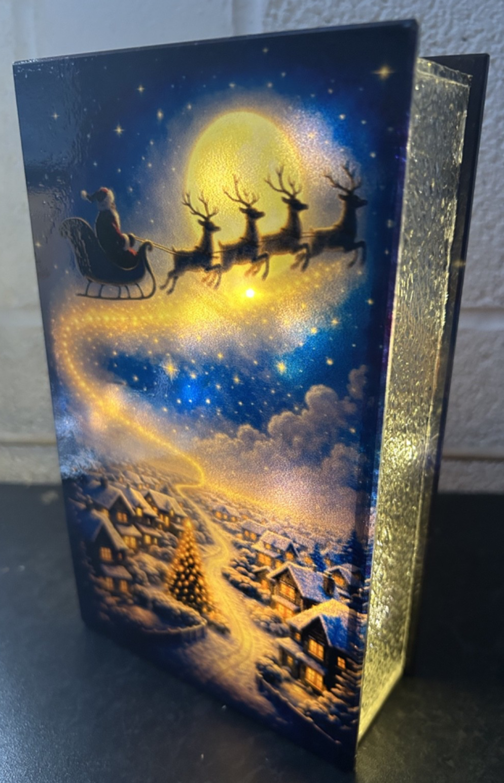 Glass Flashing / Static LEDs Santa Sleigh Christmas Decoration 21cm Double Sided
