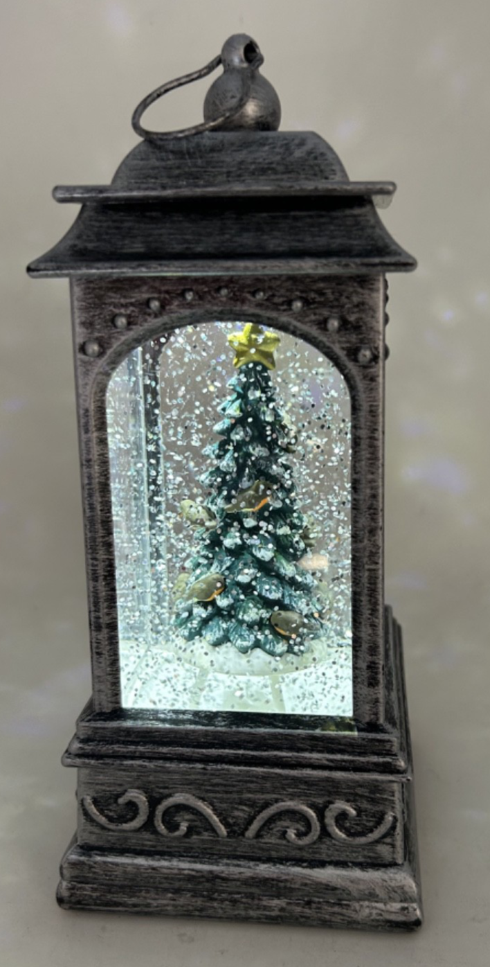 Christmas LED Rustic Silver Water Spinner Glitter Snow Globe Robin Lantern 21cm