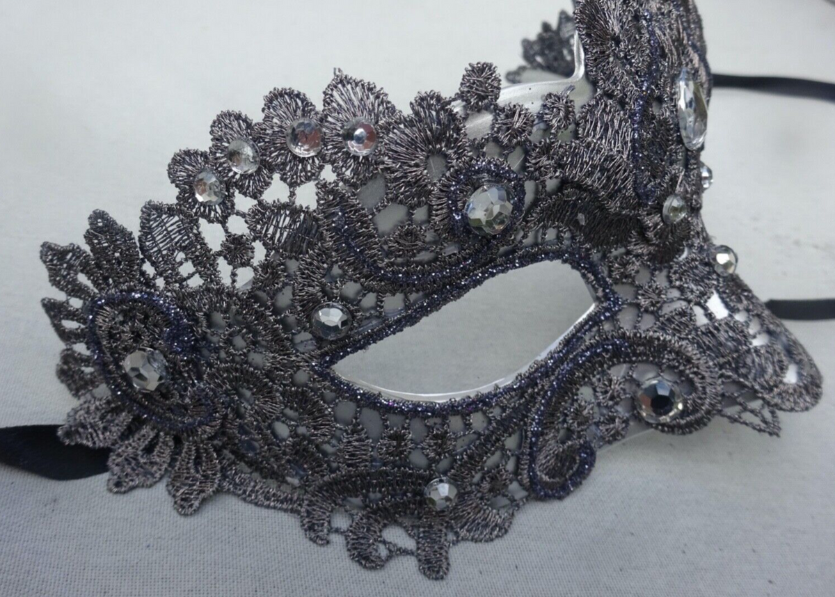 SILVER GREY JEWELLED LACE BROCADE MASK VENETIAN MASQUERADE CARNIVAL EYE BALL