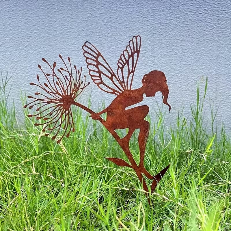 Rusty Patina Core-ten Metal Fairy with Flowerhead 30cm Long Garden Decoration