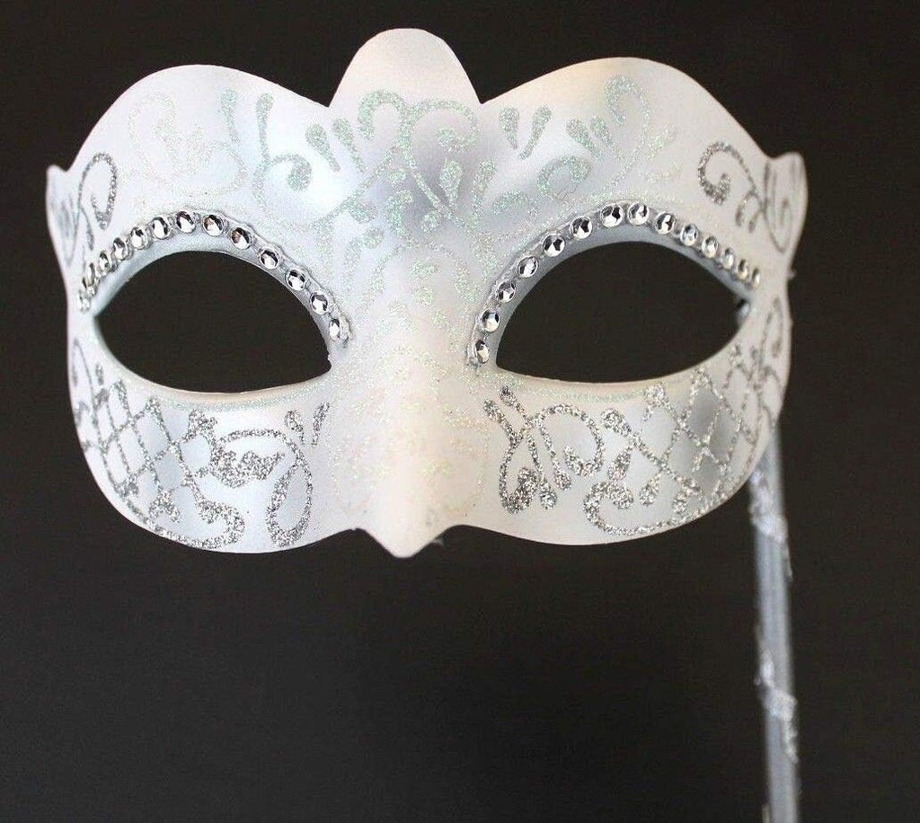 WHITE & SILVER VENETIAN MASQUERADE PARTY WEDDING BALL MASK DIAMONTES HAND HELD