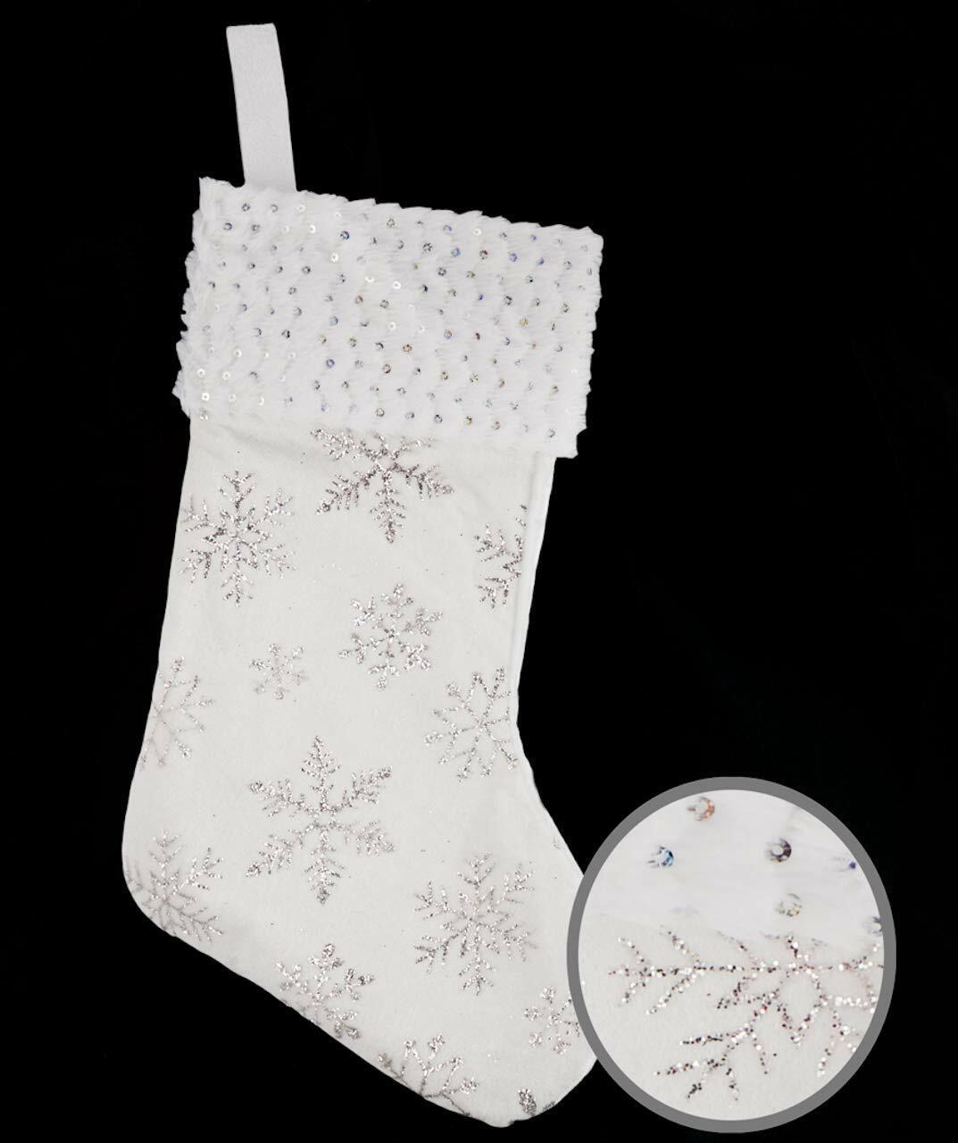 Large White Velvet & Fur Snowflake Christmas Stocking Silver Glitter 43 x 24cm