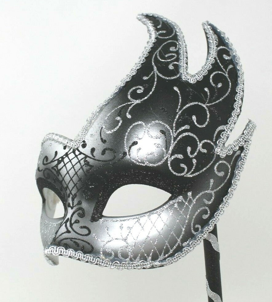 LADIES HAND HELD BLACK AND SILVER VENETIAN MASQUERADE BALL PARTY MASK ON STICK