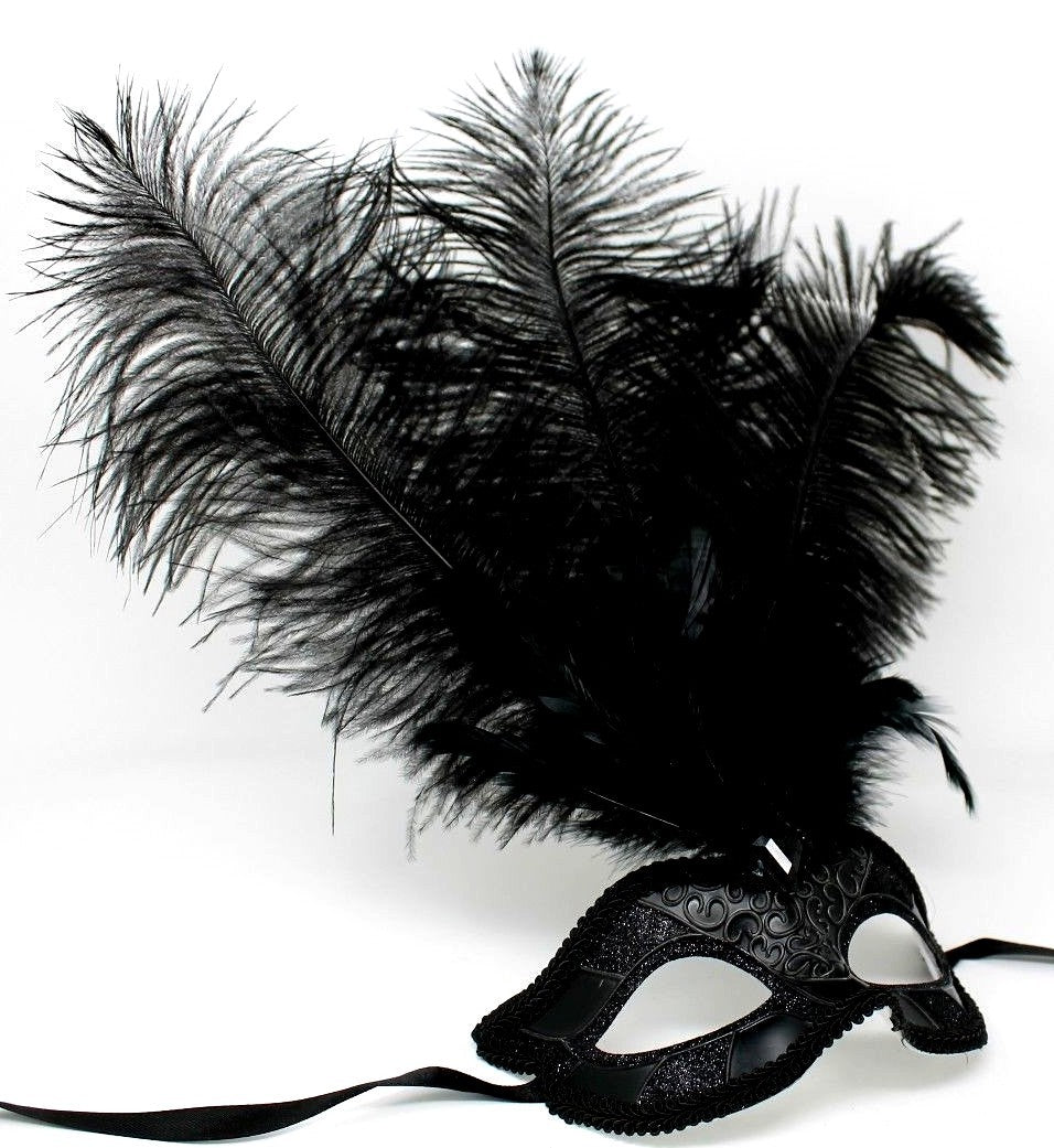 ALL BLACK FEATHER MASK VENETIAN MASQUERADE BALL CARNIVAL PARTY FACE EYE MASK