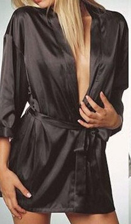 Black Red White Satin Supersoft Kimono Dressing Gown Bath Robe & Thong Size 8-10