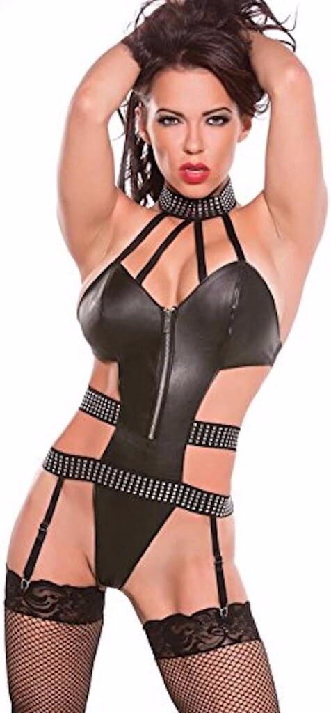 LADIES SEXY FAUX LEATHER BODY BODYSUIT WITH STRAPS AND METAL STUDS FREE SIZE