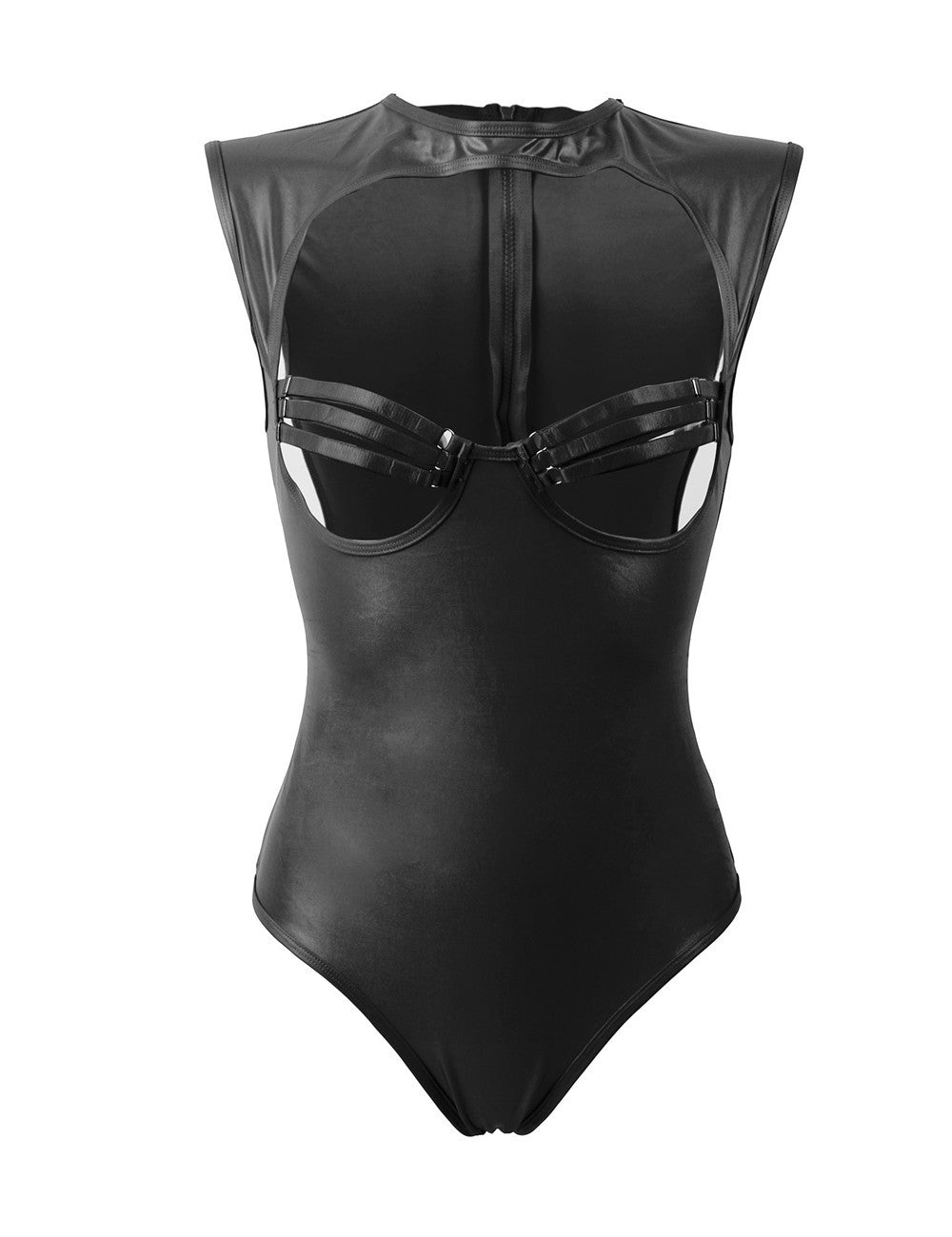 Womens Sexy Black Faux Leather Body Bodysuit Size 10-12 with Straps & Collar