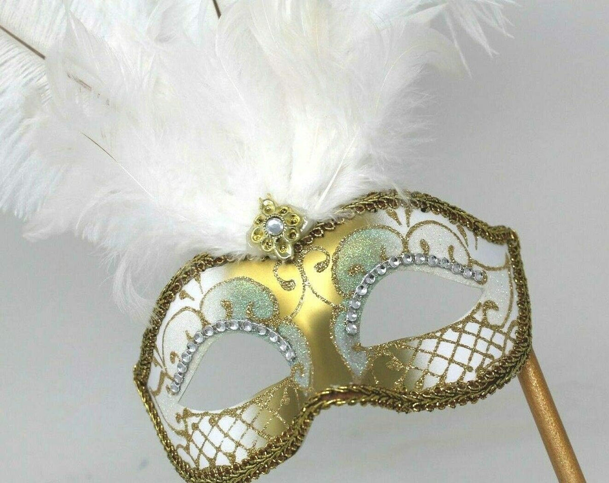 WHITE & GOLD VENETIAN MASQUERADE PARTY CARNIVAL BALL EYE FEATHER MASK HAND HELD