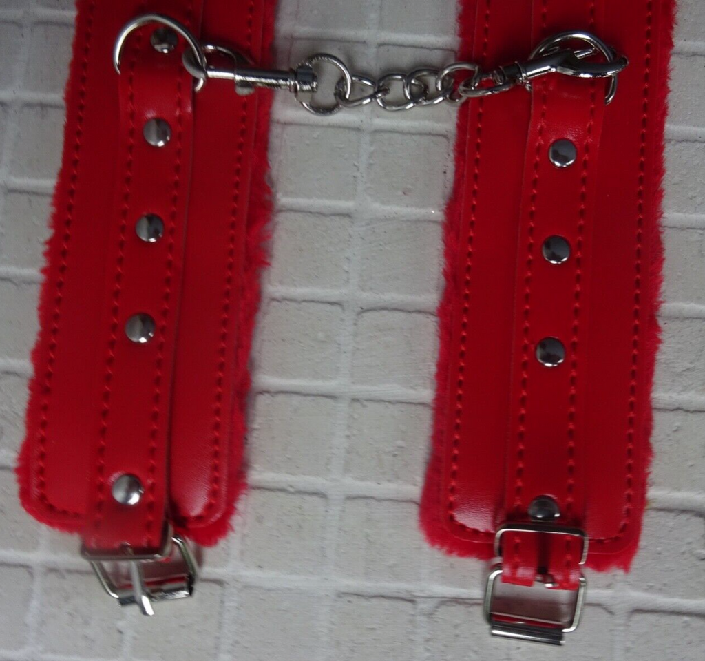Unisex Red Genuine Leather & Fur Leg Ankle Handcuffs Buckles & Metal Chain