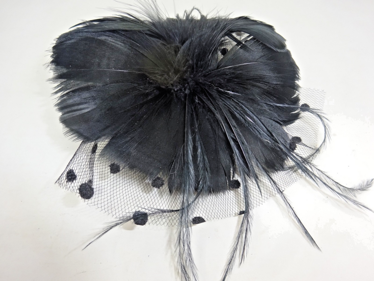 Large Black Feather & Long Slim Feathers & Spotted Net Fascinator Corsage Brooch