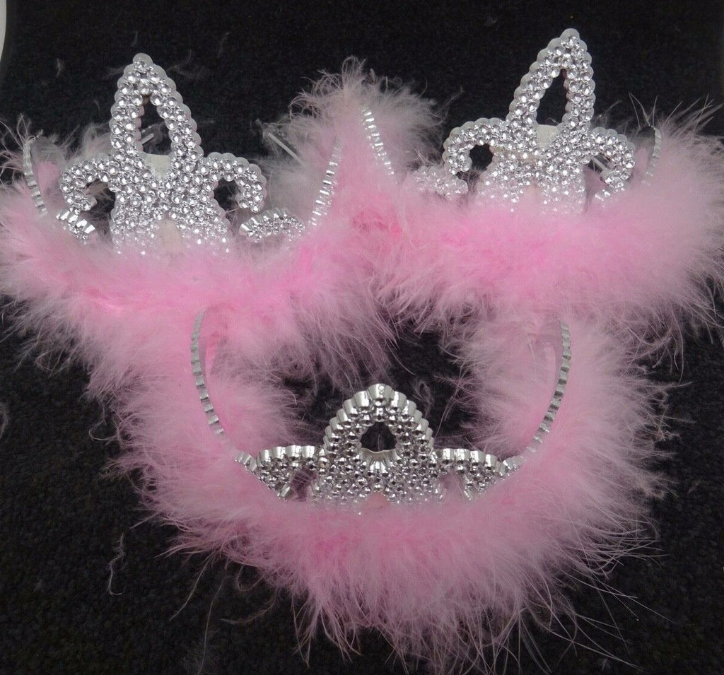 3 x Plastic Sparkling Tiaras Crowns with Baby Pink Fur Hen Party Birthday Prom