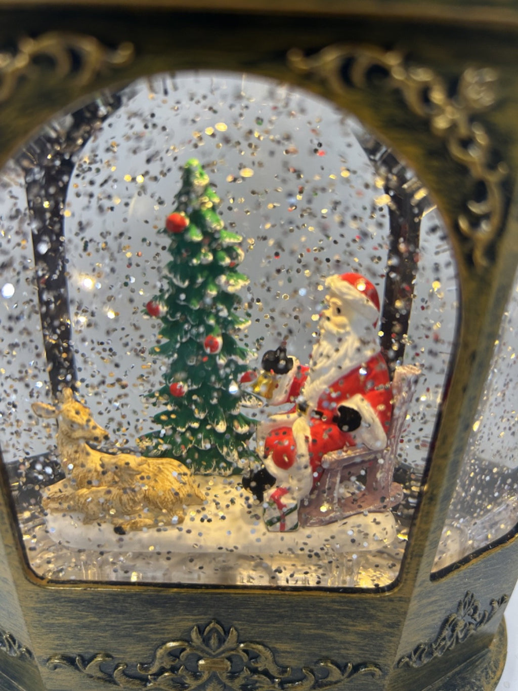 Santa Reindeer & Tree Scene Water Spinner Lantern 21 cm Antique Gold Decoration