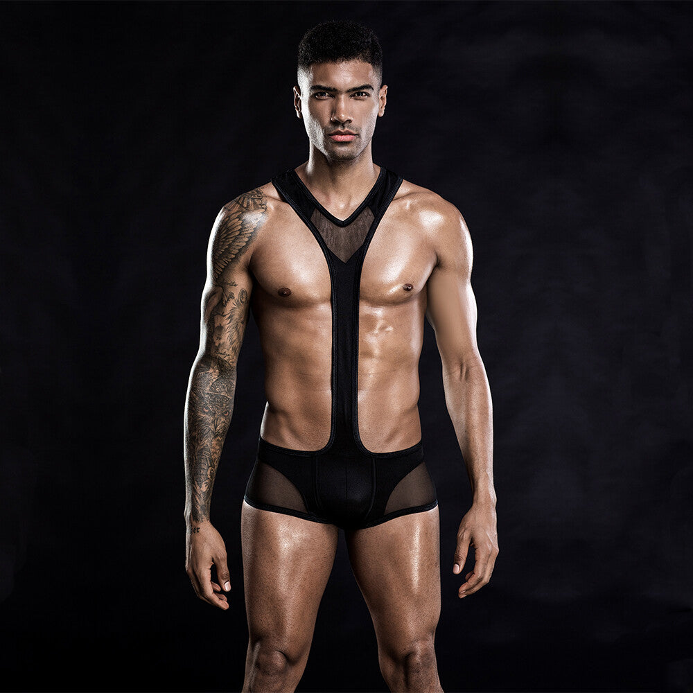 Mens Sexy Mesh Black Uniform Costume Outfit Elasticated Bodysuit One Size M/L