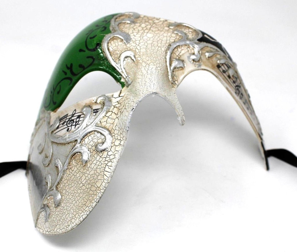 QUALITY GREEN & SILVER HALF FACE PHANTOM MUSICAL NOTES MASQUERADE MASK