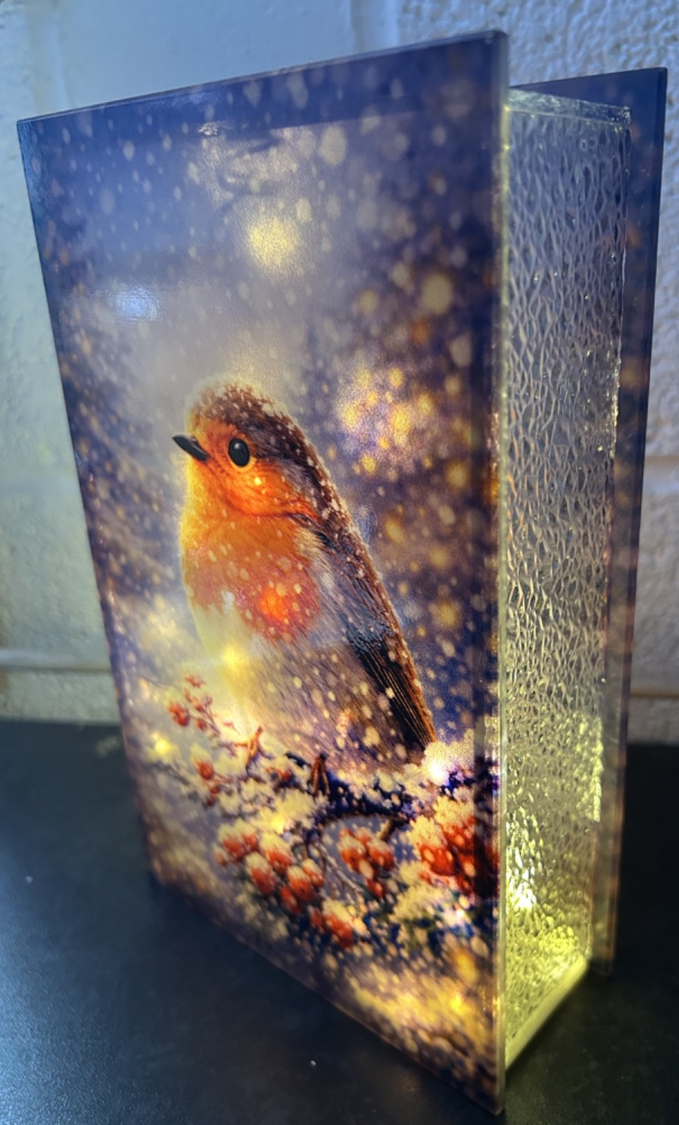 Glass Flashing or Static LEDs Robin Christmas Decoration 21cm Tall Double Sided